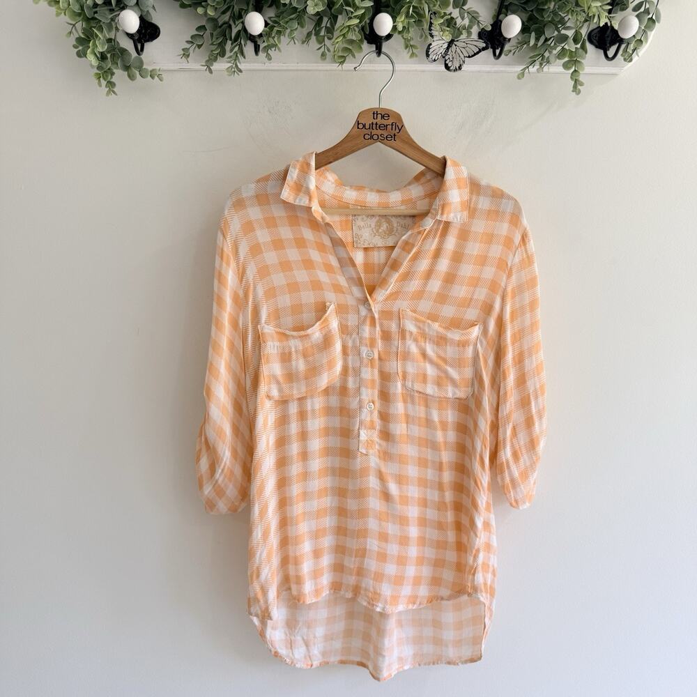 Bella Dahl rayon Orange Gingham Long Sleeve Button Cuffs Lightweight Shirt M